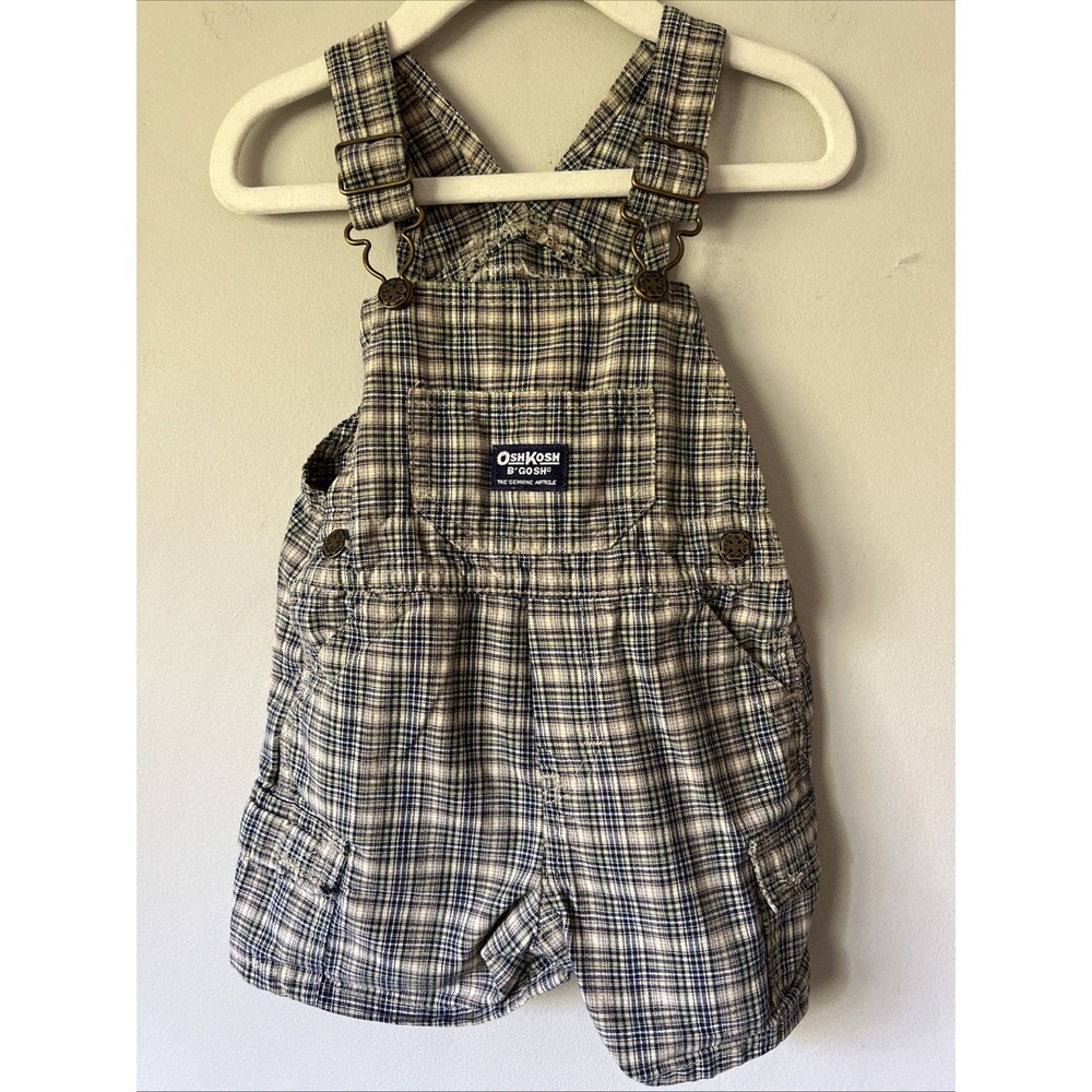 VTG Oshkosh B'Gosh Plaid Overall Cargo Shorts Kids Size 18M 100% Cotton